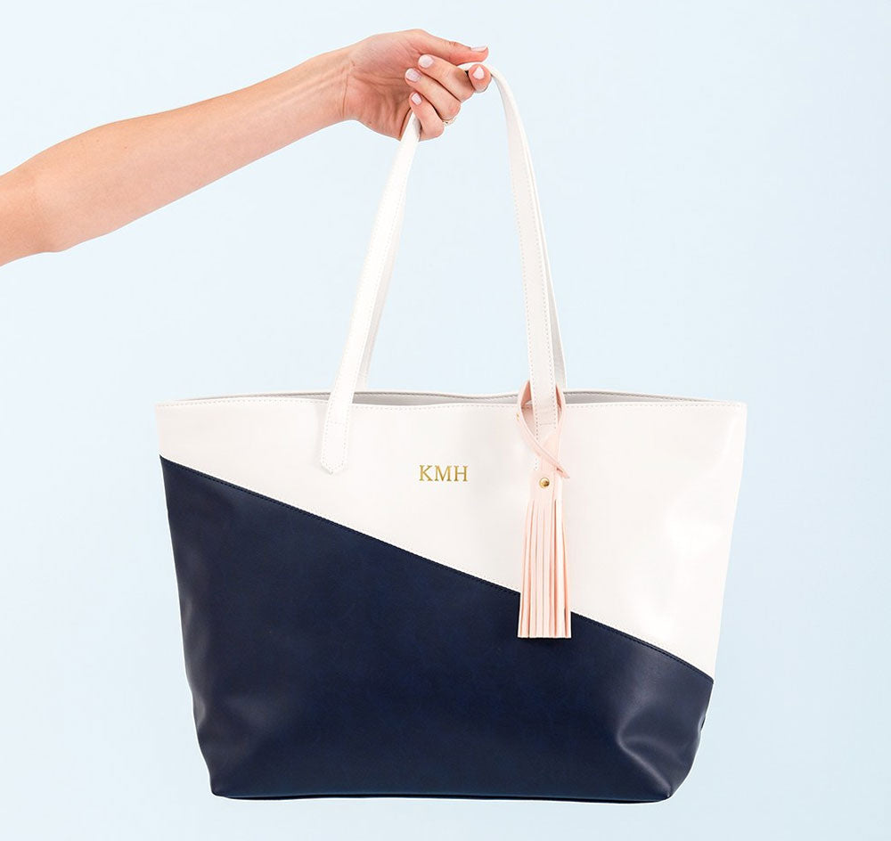 Faux Leather Color Block Tote Bag - Navy &amp; White