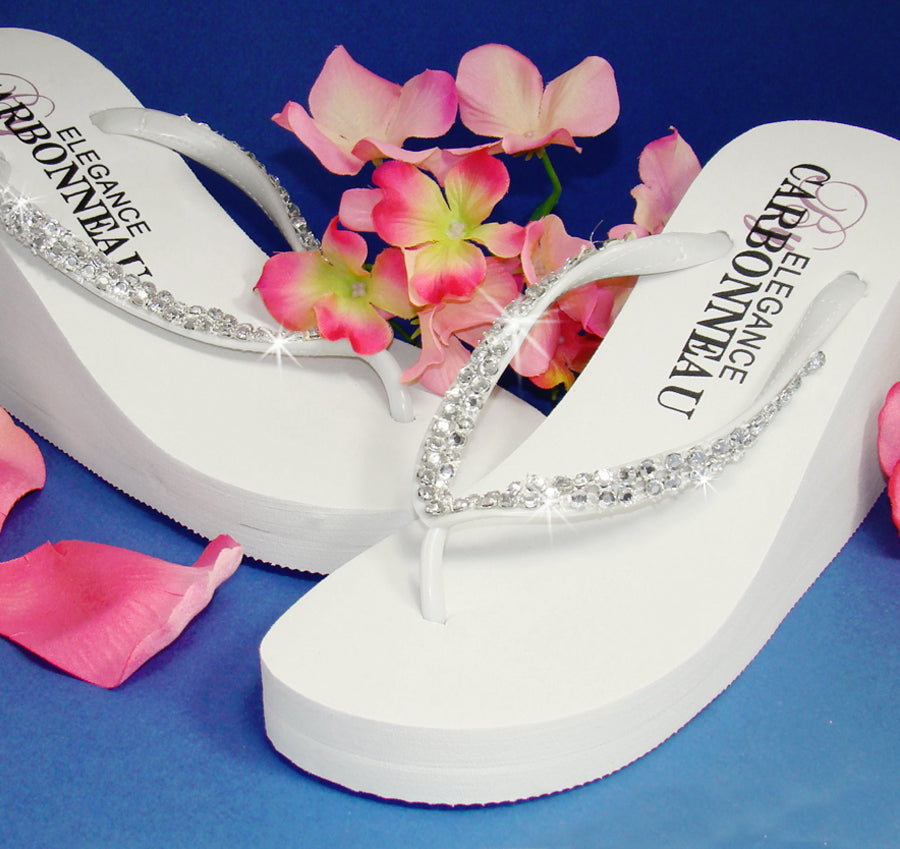 Crystals High Wedge Bridal Flip Flops - White