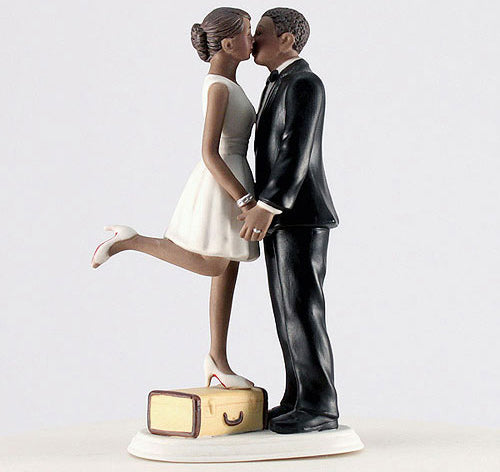 Kiss &amp; We&#39;re Off Bride &amp; Groom Cake Topper - Dark Skin Tone