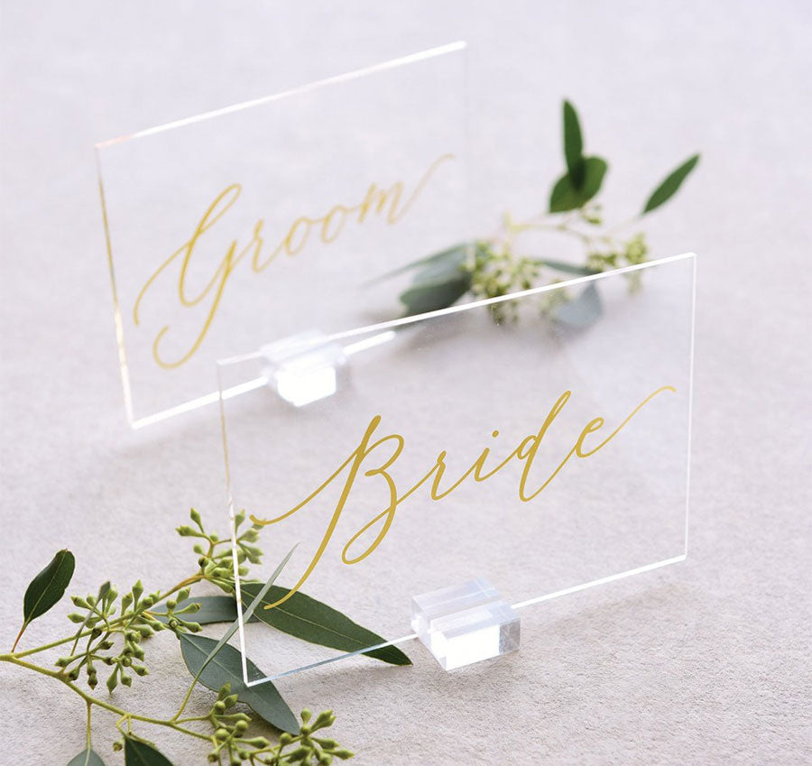 Clear & Gold Foil Bride & Groom Wedding Sign Set