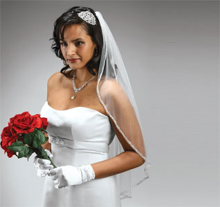 Rhinestone &amp; Pearl Edge Fingertip Bridal Veil