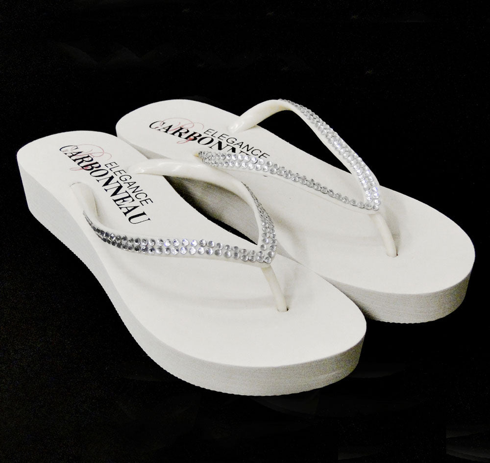 Crystal Low Wedge Bridal Flip Flops - White