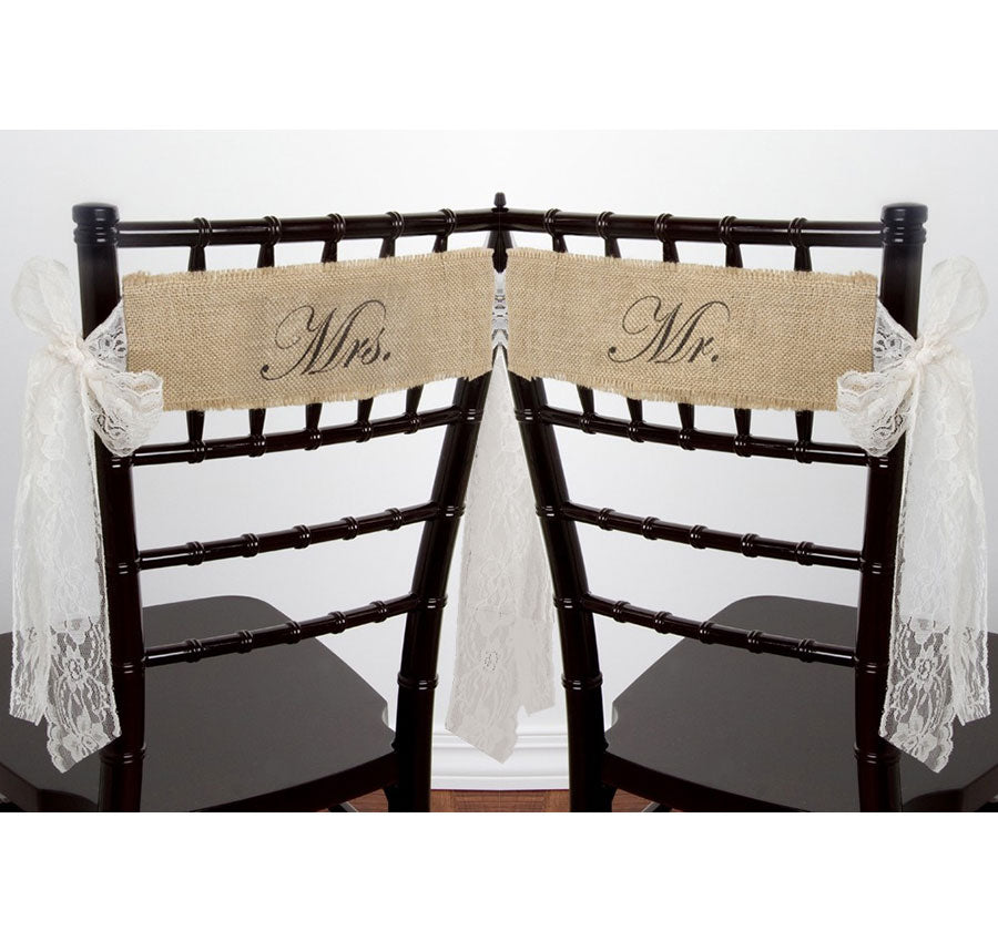 Mr. and Mrs. Burlap Chair Sashes with Lace Ties
