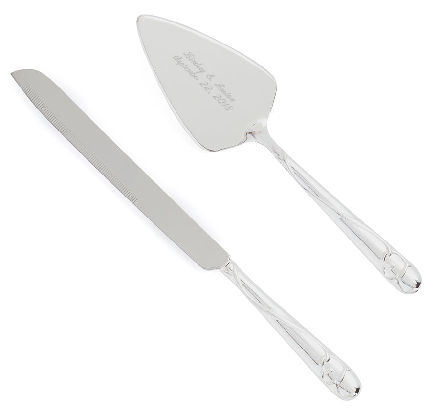 Silver Wedding Cake Server Set with Raised Loop Heart