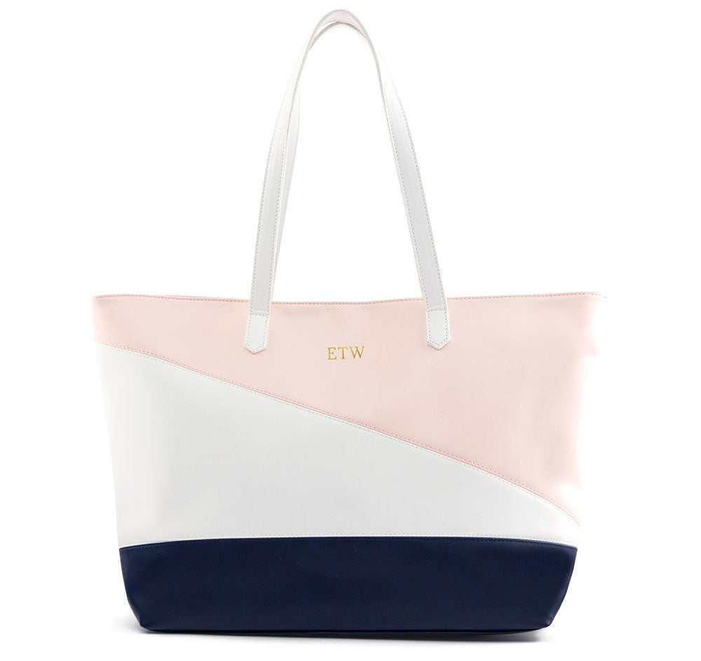 Faux Leather Color Block Tote Bag - Pink, Navy & White