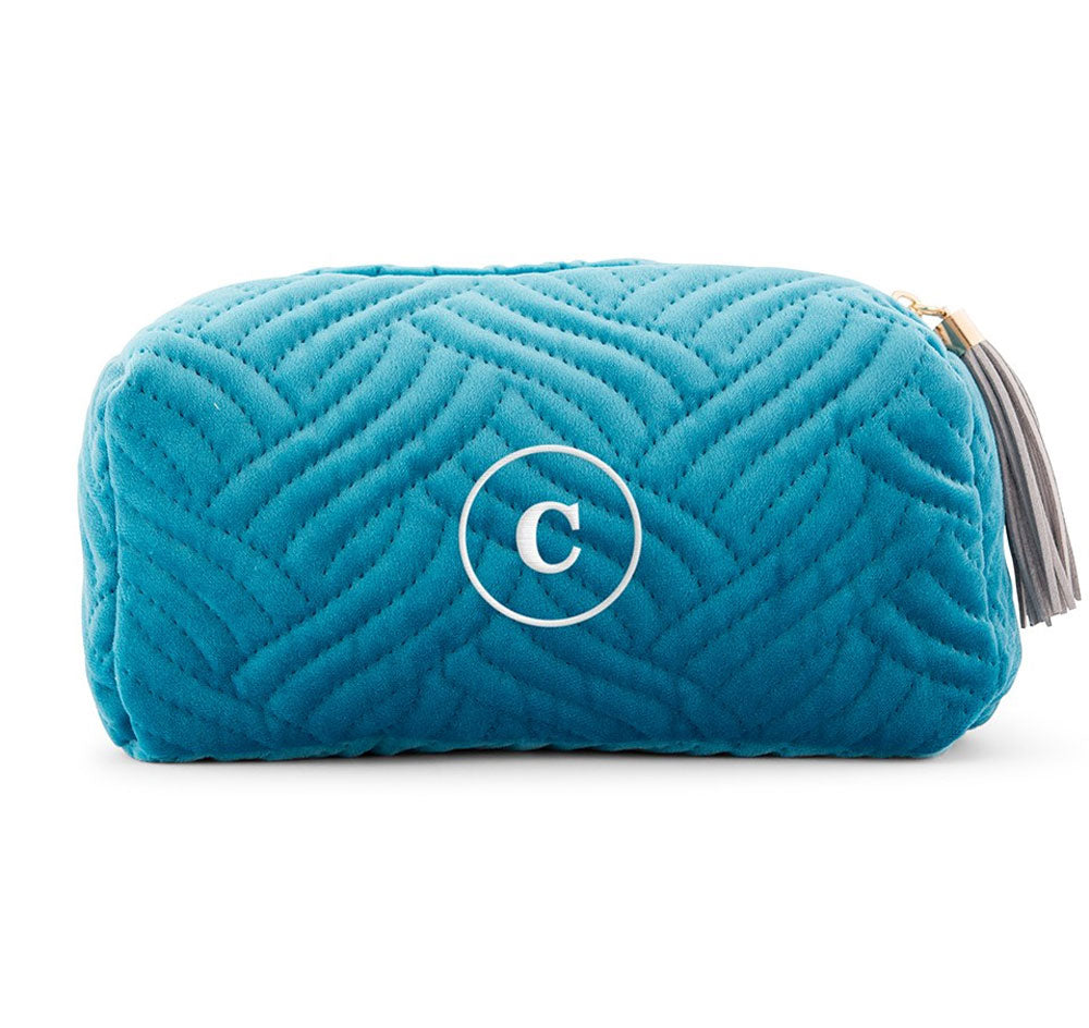 Quilted Velvet Travel Toiletry Bag - Oasis Blue