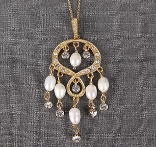 Gold Rhinestone &amp; Pearl Chandelier Pendant Wedding Necklace