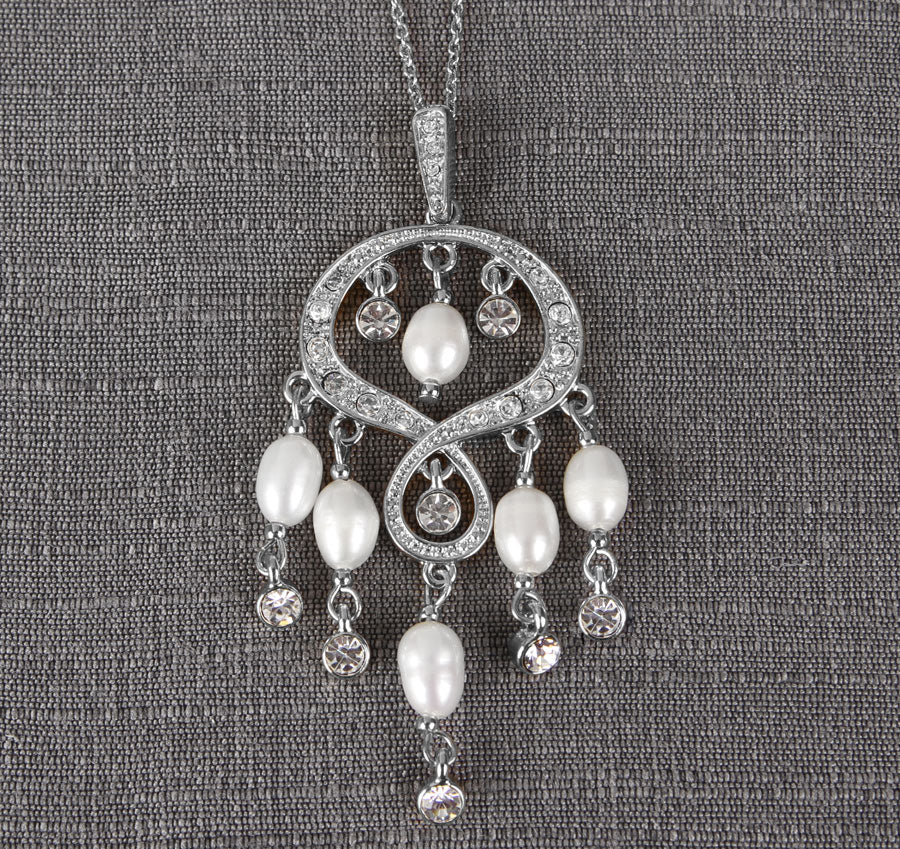 Silver Rhinestone &amp; Pearl Chandelier Wedding Necklace