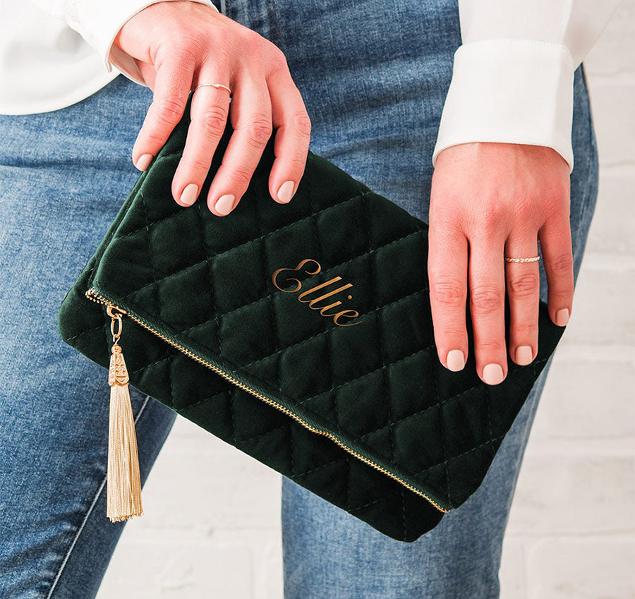 Personalized Fold Over Velvet Clutch - Blush Pink