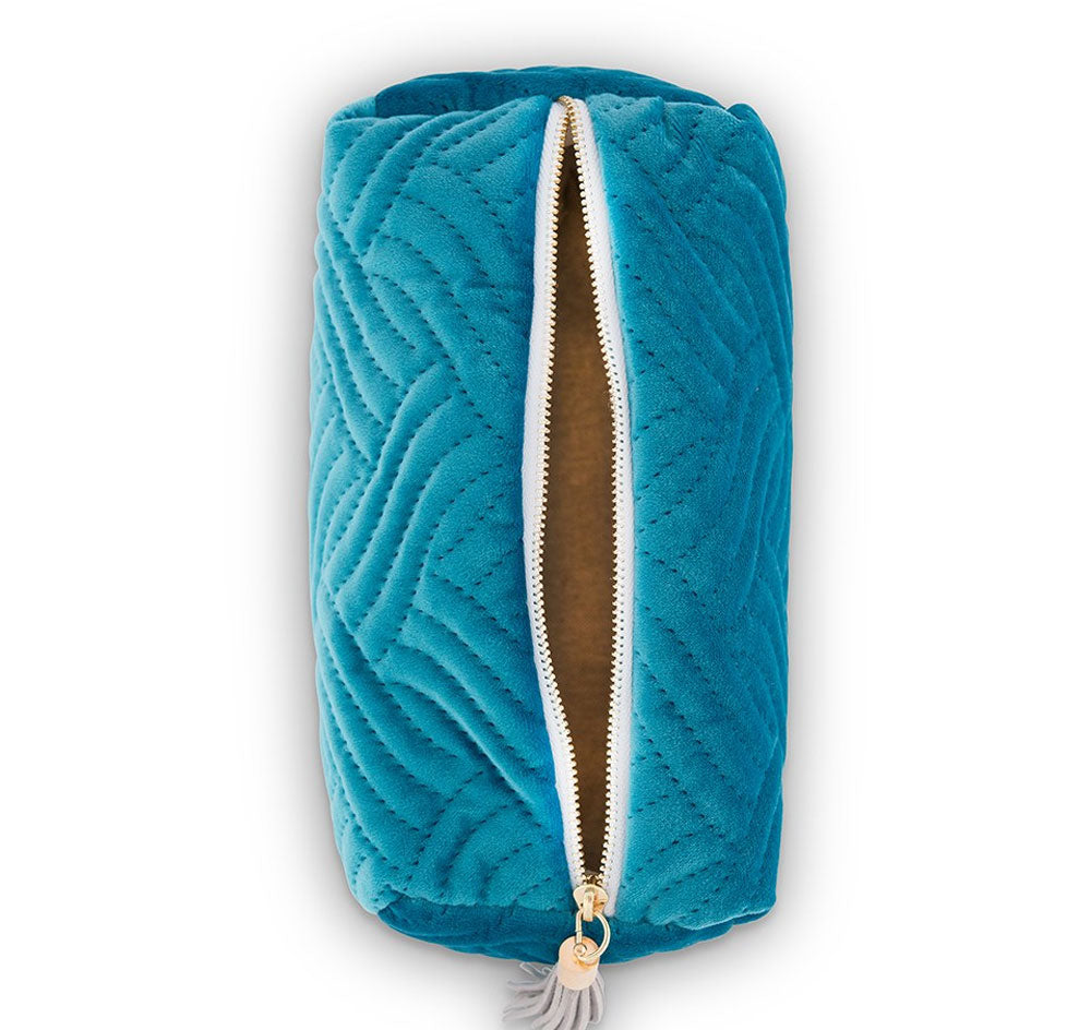 Quilted Velvet Travel Toiletry Bag - Oasis Blue