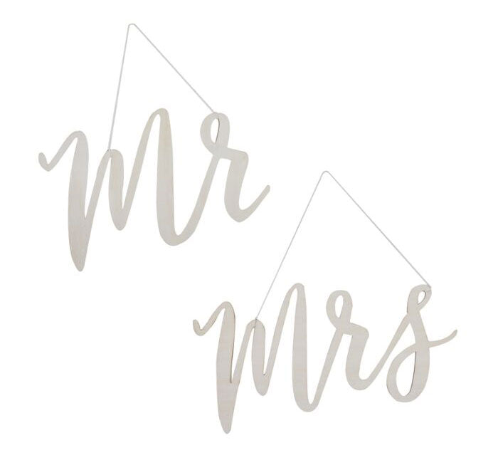 Wooden Script Mr &amp; Mrs Chair Signs