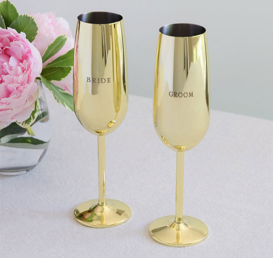 Gold Bride and Groom Toasting Flutes