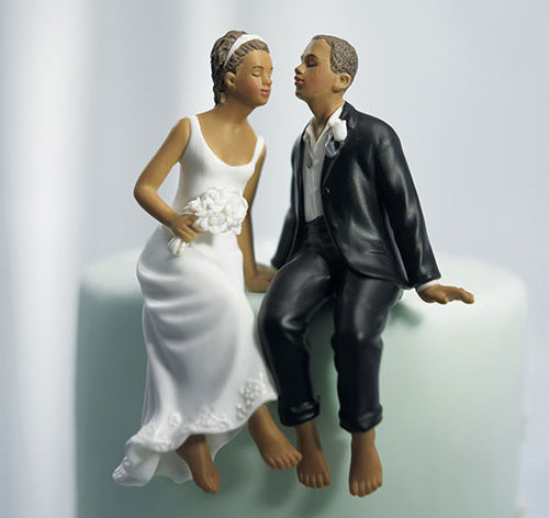 Whimsical Sitting Bride &amp; Groom Cake Topper - Dark Skin Tone