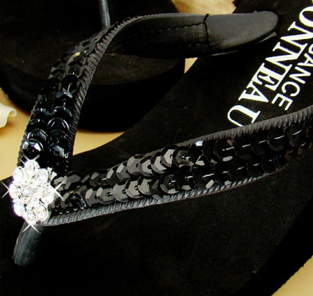 Sequins &amp; Crystals High Wedge Bridal Flip Flops - Black