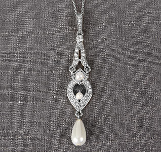 Silver Tiered Pendant Wedding Necklace with Dangling Pearls