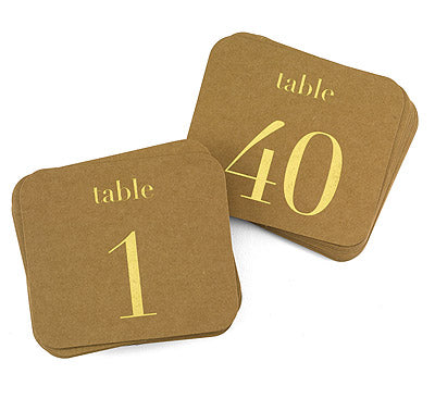 Kraft Table Number Cards - Gold - (1-40)