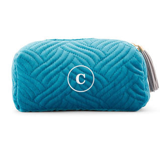 Quilted Velvet Travel Toiletry Bag - Oasis Blue