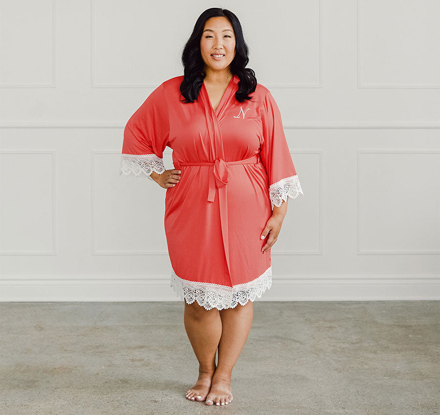 Coral Jersey and Lace Bridesmaid Robe