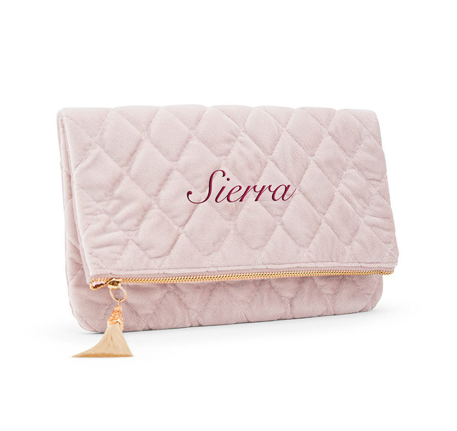 Personalized Fold Over Velvet Clutch - Blush Pink