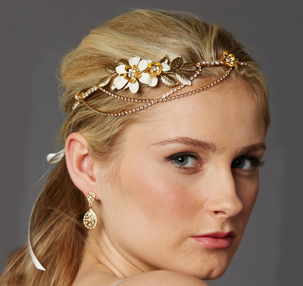 Preciosa Crystal Drapes Floral Wedding Crown - Gold