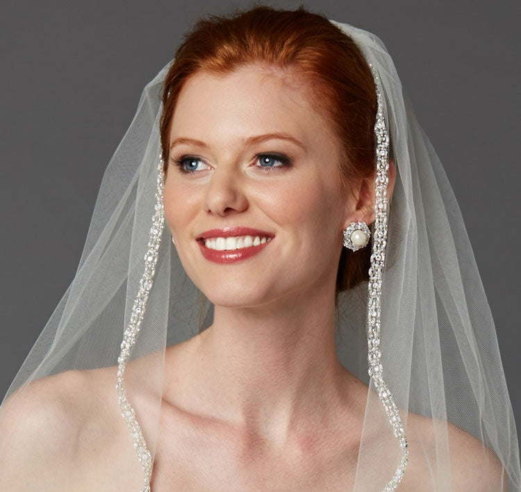 Rhinestone &amp; Pearl Edge Fingertip Bridal Veil