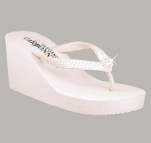 Sequins &amp; Crystals High Wedge Bridal Flip Flops - Ivory