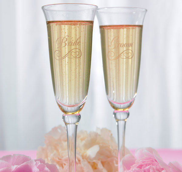 Refined Etched Bride &amp; Groom Wedding Flutes
