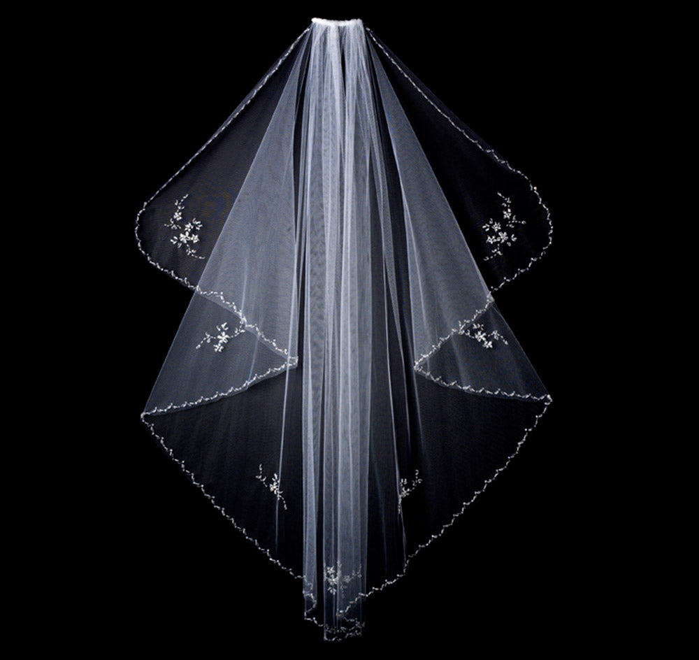 Floral Beaded Waltz Length Bridal Veil