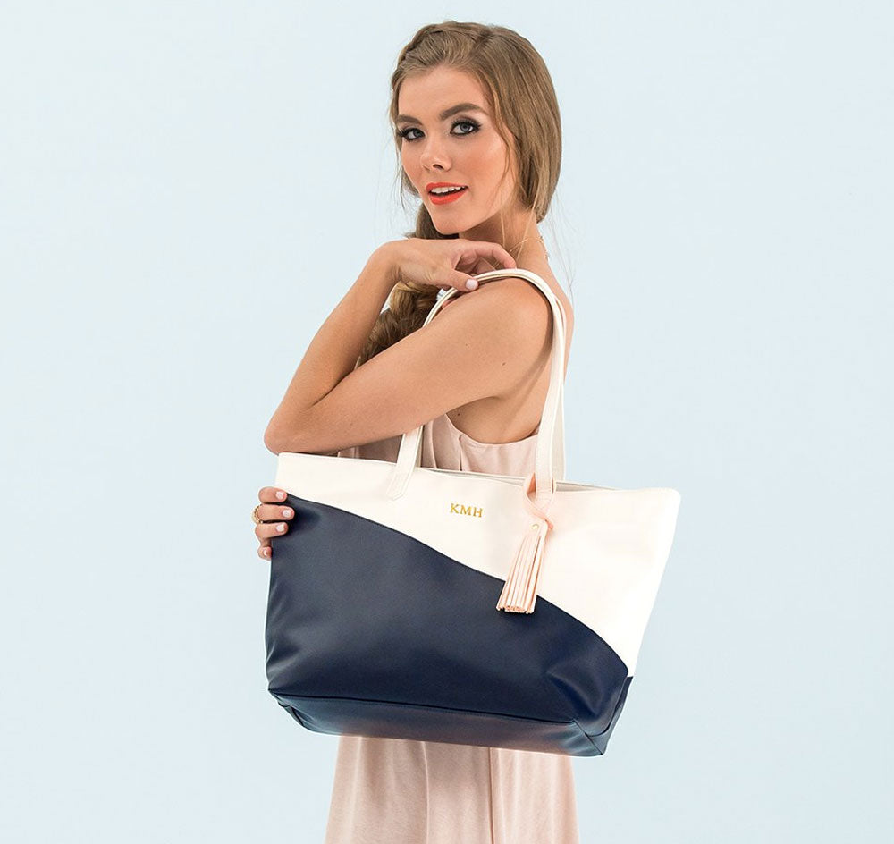 Faux Leather Color Block Tote Bag - Navy &amp; White