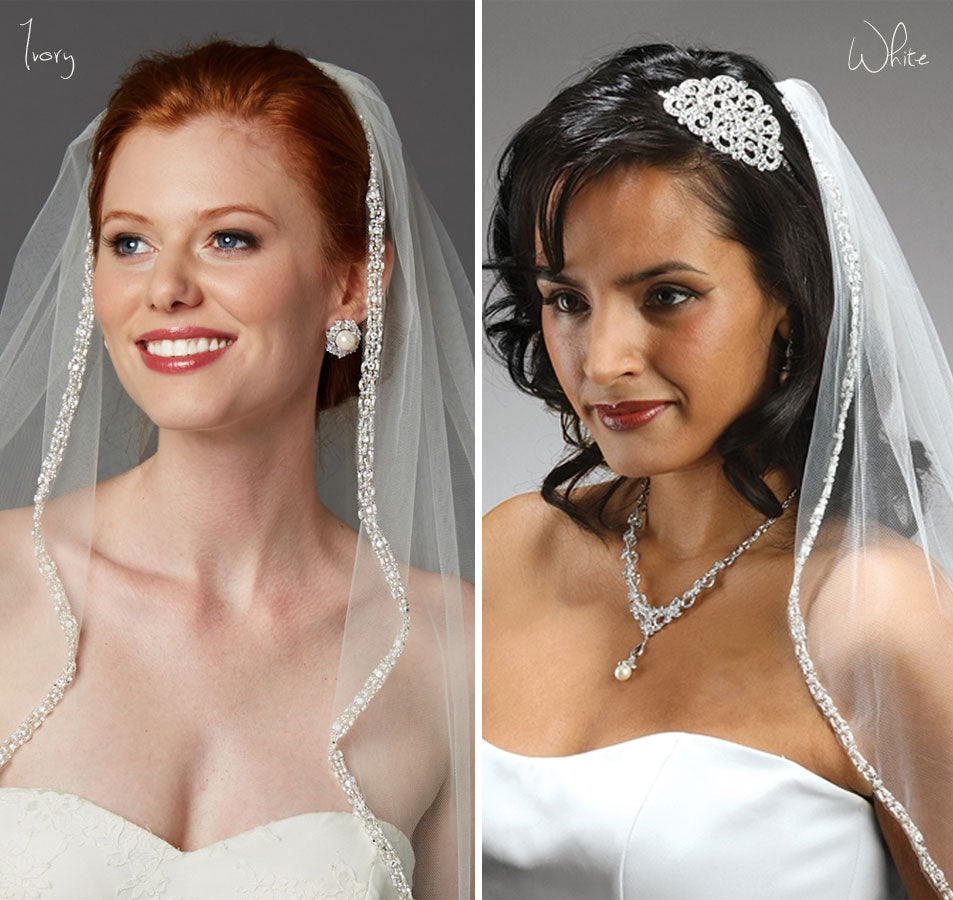 Rhinestone &amp; Pearl Edge Fingertip Bridal Veil