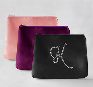 Rhinestone Initial Satin Cosmetic Bag