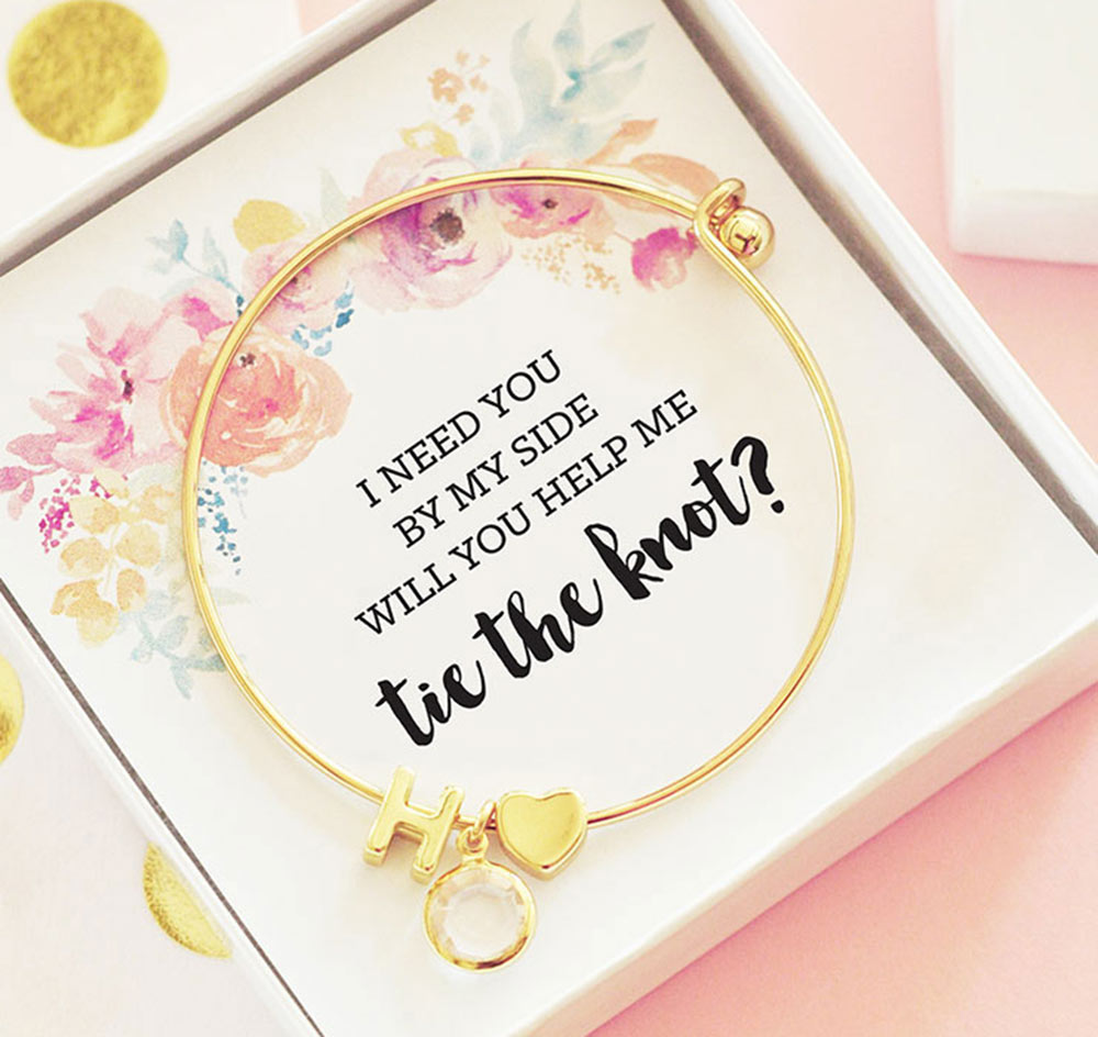 Gold Initial Bridesmaid Bracelet - Floral Insert