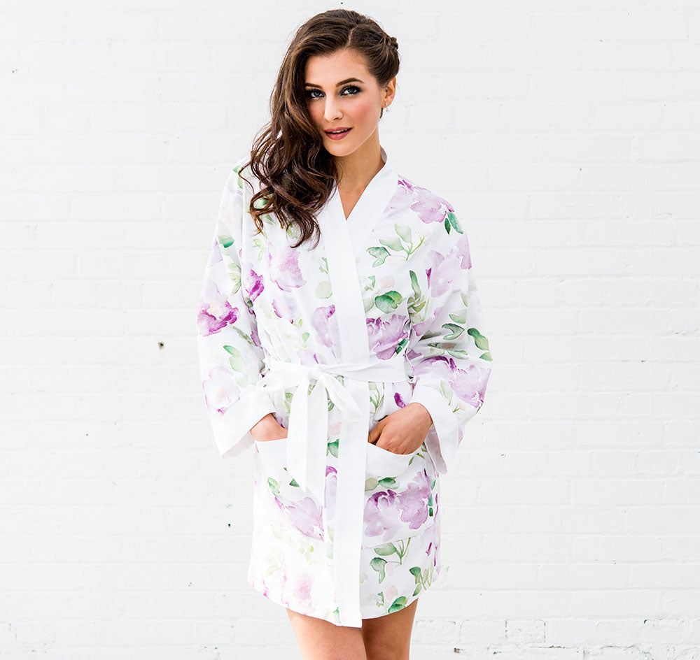 Floral Bridesmaid Robe - Lavender &amp; White