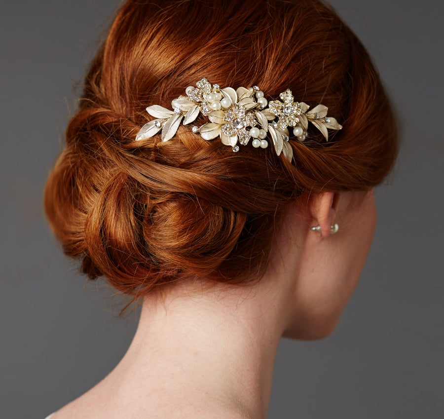 Hand Painted Gold Leaves and Pave Crystals Bridal Hair Comb
