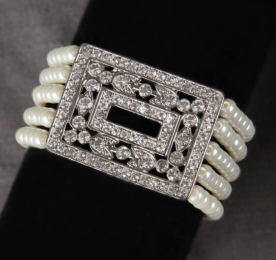 Silver Pearl Wedding Bracelet with Crystal Ornament