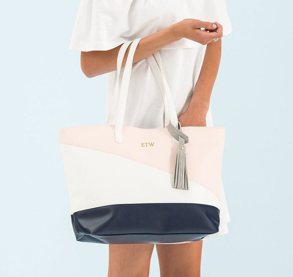 Faux Leather Color Block Tote Bag - Pink, Navy &amp; White