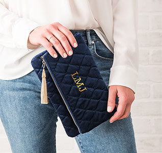 Personalized Fold Over Velvet Clutch - Navy