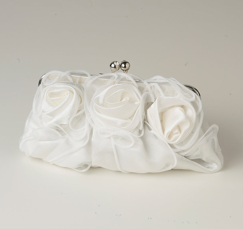 Satin &amp; Sheer Roses White Flower Bridal Purse