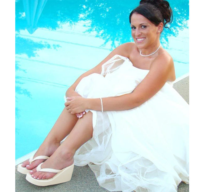 Sequins &amp; Crystals High Wedge Bridal Flip Flops - Ivory