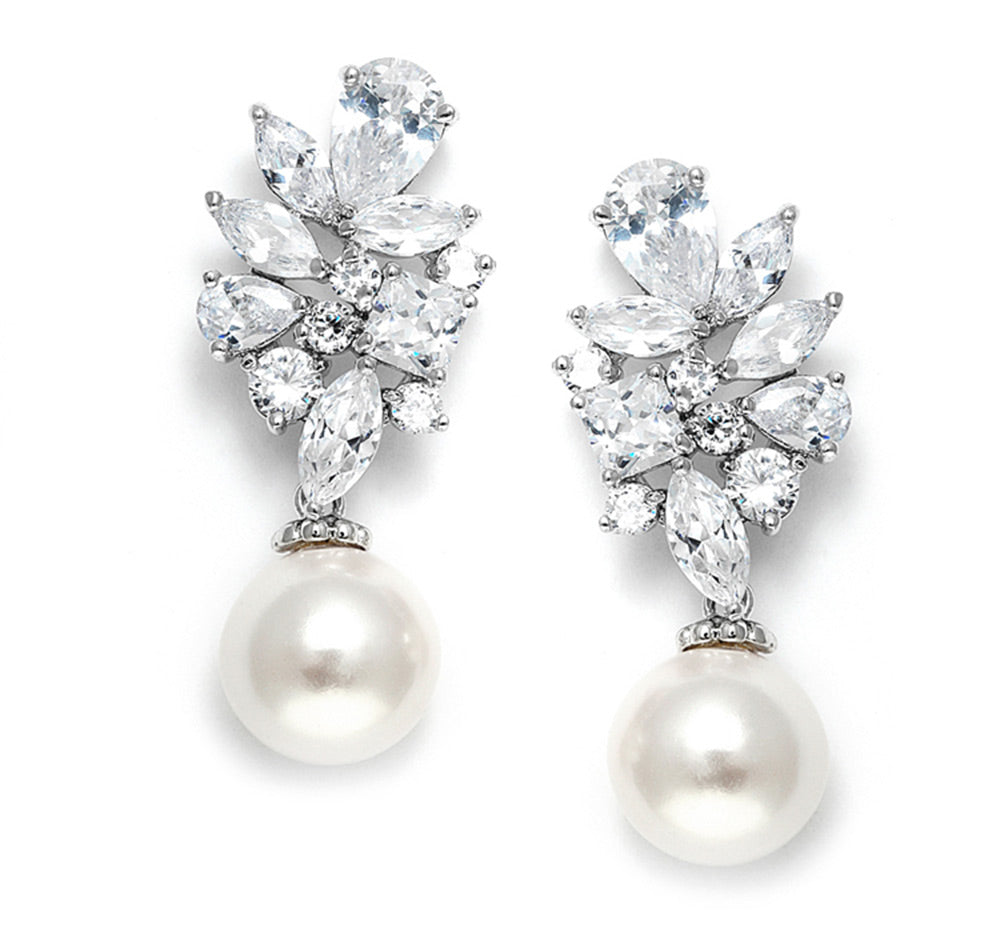 Dazzling Pearl Drop Cluster Wedding Earrings