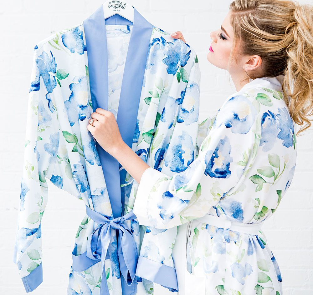 Floral Bridesmaid Robe - Blue Trim