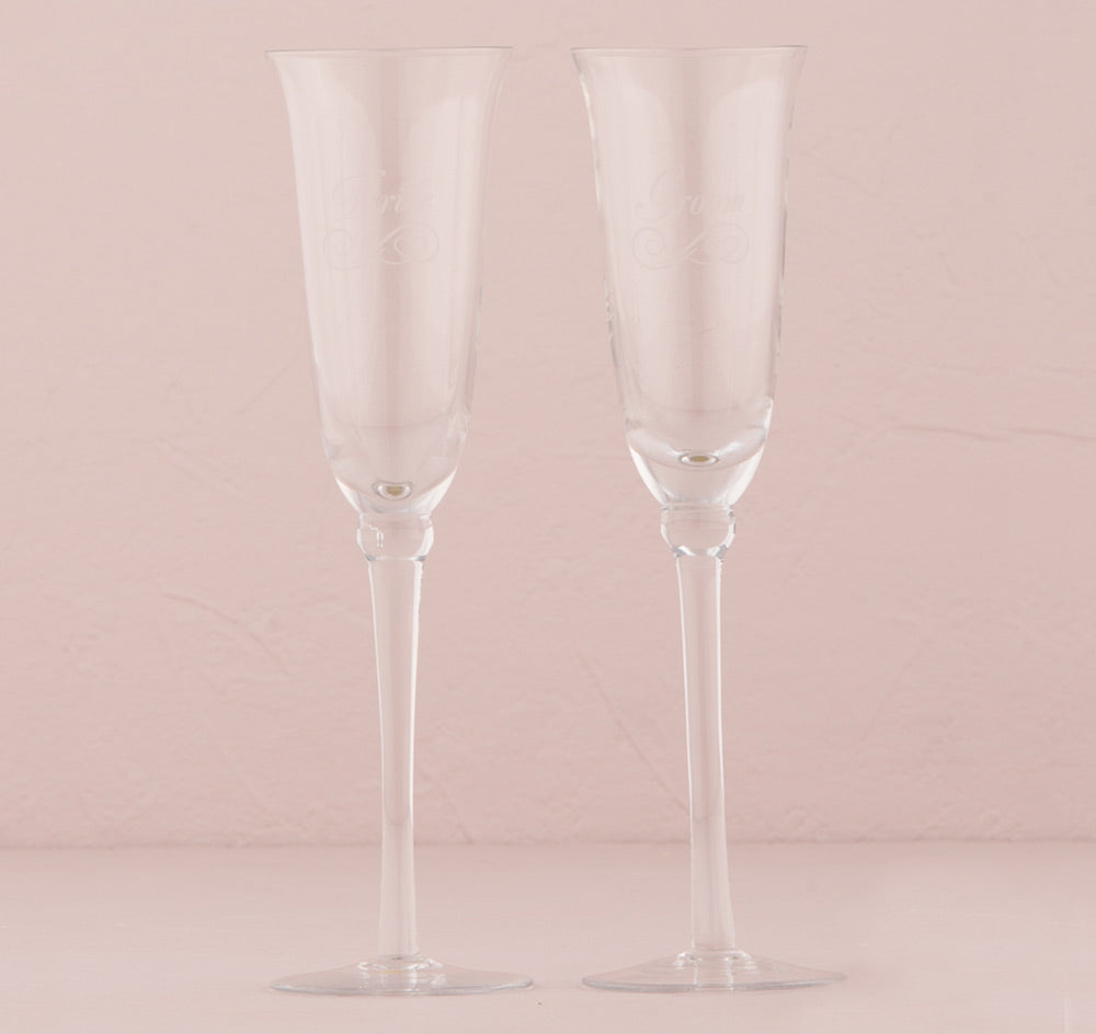 Refined Etched Bride &amp; Groom Wedding Flutes