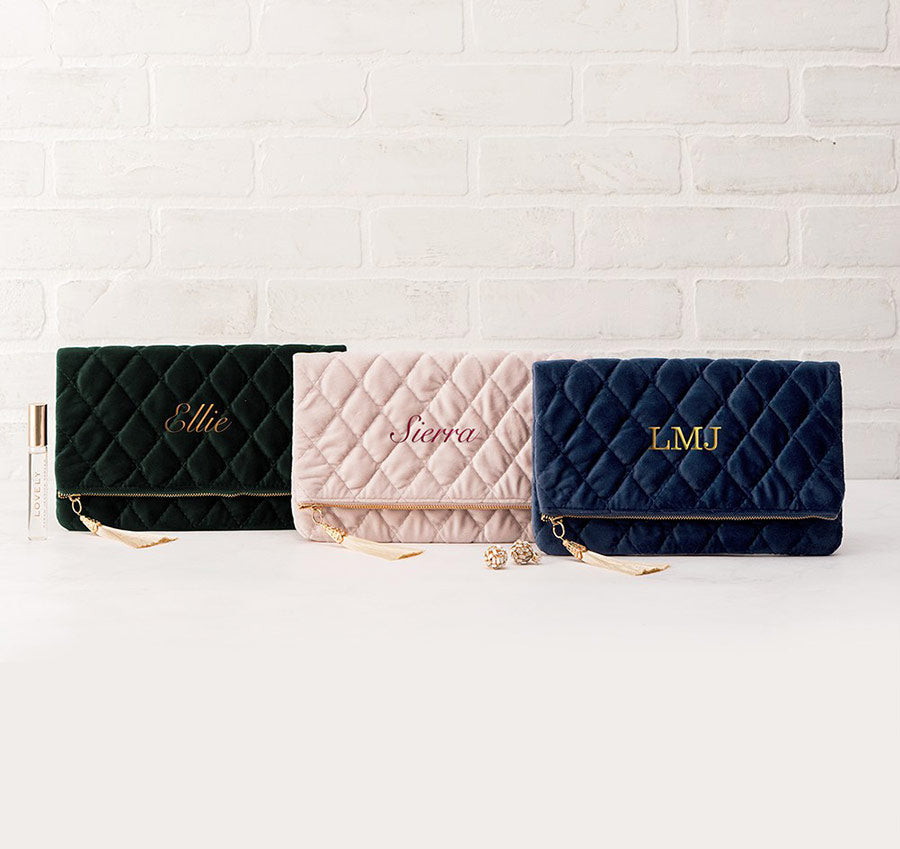 Personalized Fold Over Velvet Clutch - Blush Pink