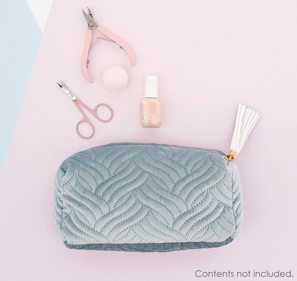 Quilted Velvet Travel Toiletry Bag - Spa Blue