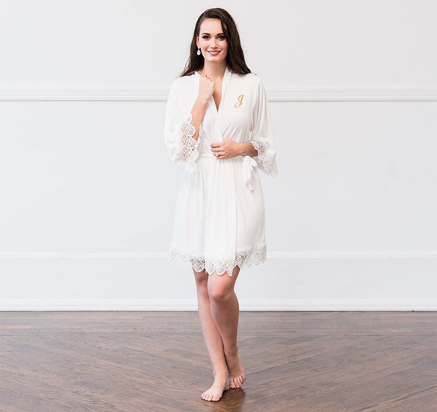 White Jersey and Lace Bridal Robe