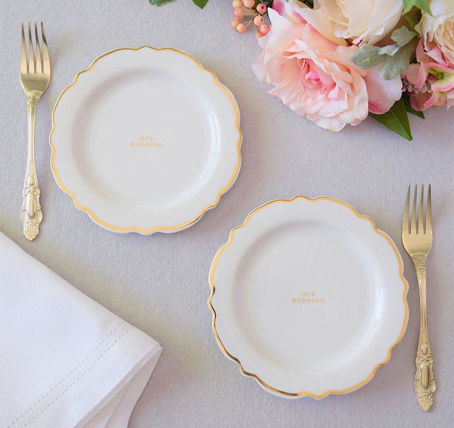 Gold Trimmed Wedding Cake Plates and Fork Set