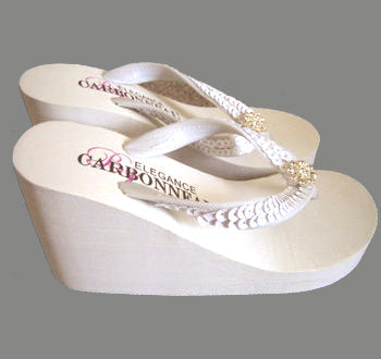 Sequins &amp; Crystals High Wedge Bridal Flip Flops - Ivory