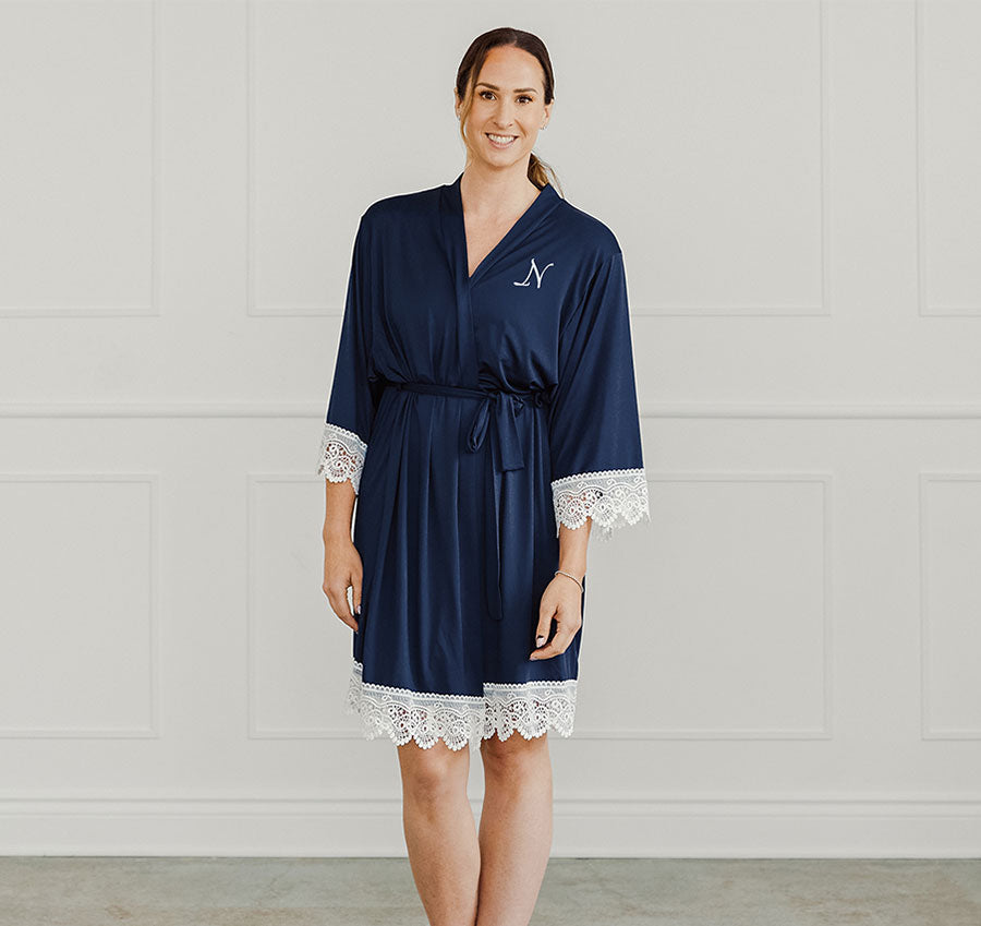 Navy Blue Jersey and Lace Bridesmaid Robe