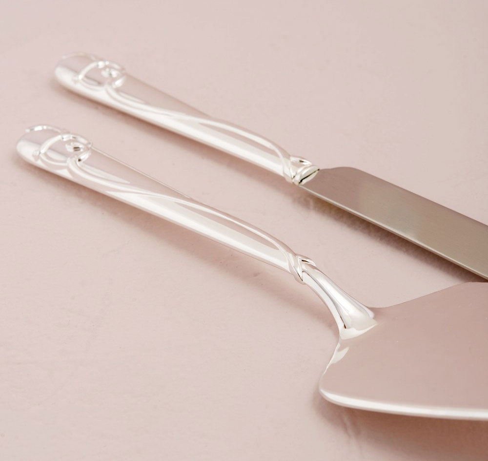 Silver Wedding Cake Server Set with Raised Loop Heart