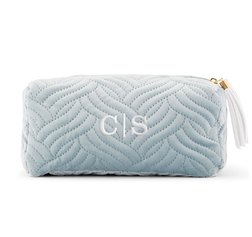 Quilted Velvet Travel Toiletry Bag - Spa Blue